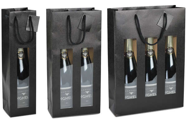 Immagine del prodotto Borsa con finestra Nero opaco 1, 2, 3 bottiglie (Possibilità di personalizzazione)